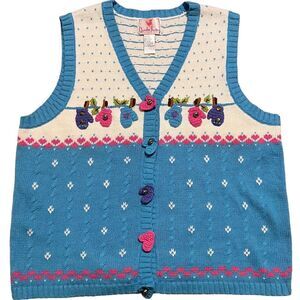 Vintage Quaker Factory Mitten Sweater Vest Crochet Bells Size L Blue Winter